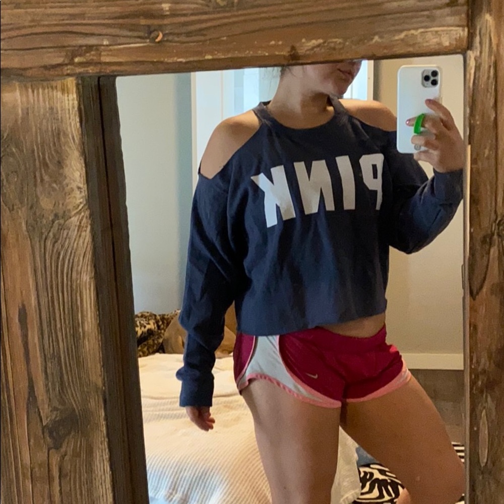 VS pink. Shoulder cut out cropped hoodie
